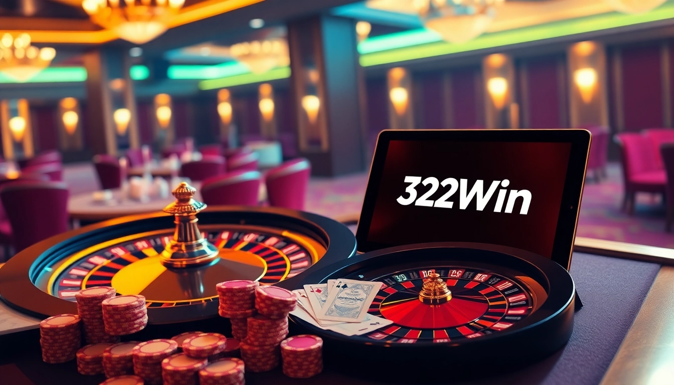 Experience the thrill of 32Win with an elegant casino table showcasing vibrant poker chips and a roulette wheel.