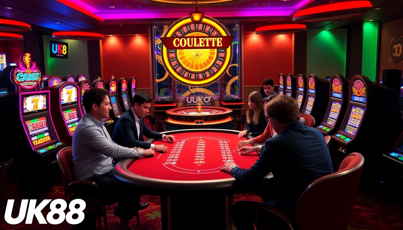 UK88 casino atmosphere with players enjoying poker and vibrant slot machines.