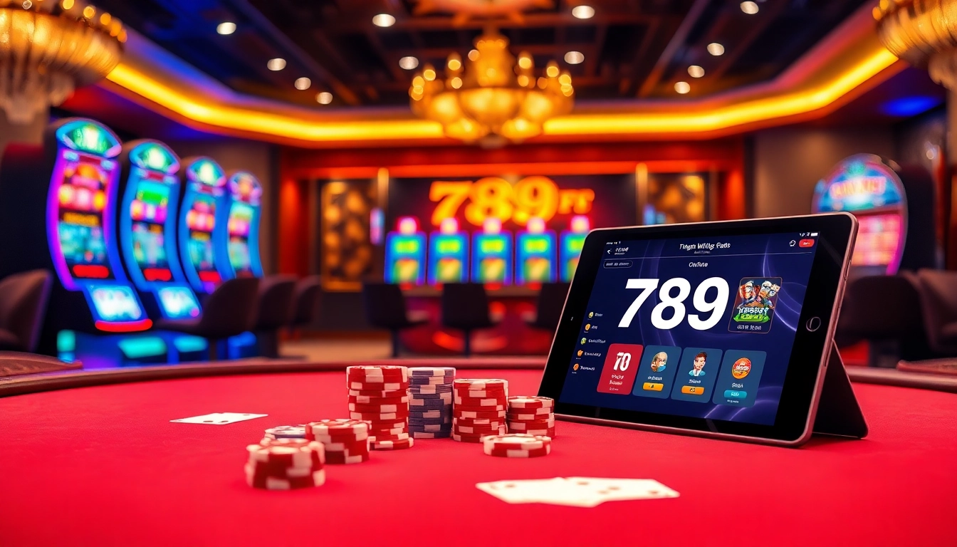 A dynamic casino setting showcasing 789F's vibrant poker chips and engaging gaming interface.