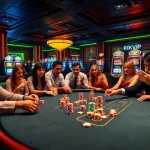 Engaged gamblers play at a RIKVIP branded poker table, featuring colorful chips and a professional dealer.