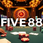 Players enjoying high-stakes poker action at FIVE88 Casino, immersed in a luxurious gambling atmosphere.