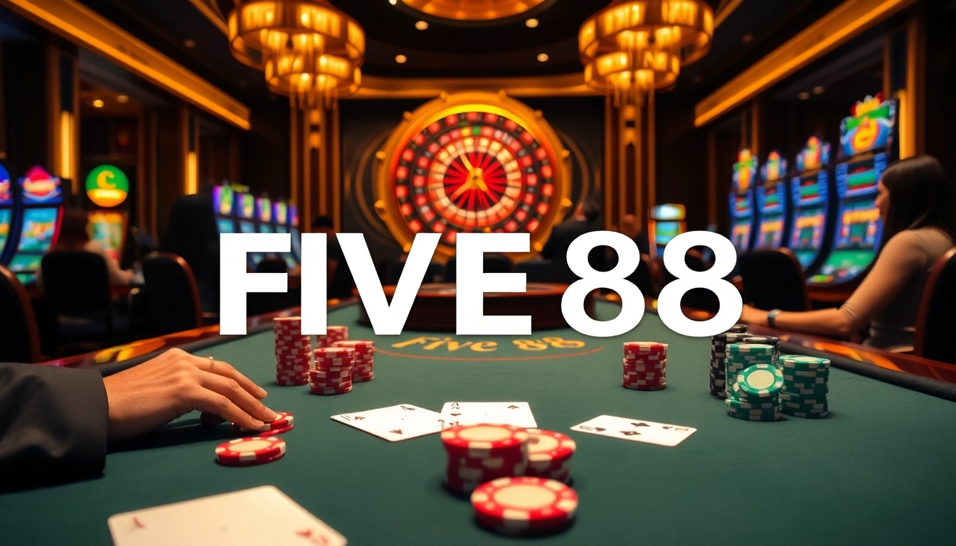 Players enjoying high-stakes poker action at FIVE88 Casino, immersed in a luxurious gambling atmosphere.
