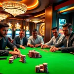 Engaging poker game at VVJL casino with colorful chips, players, and vibrant atmosphere.