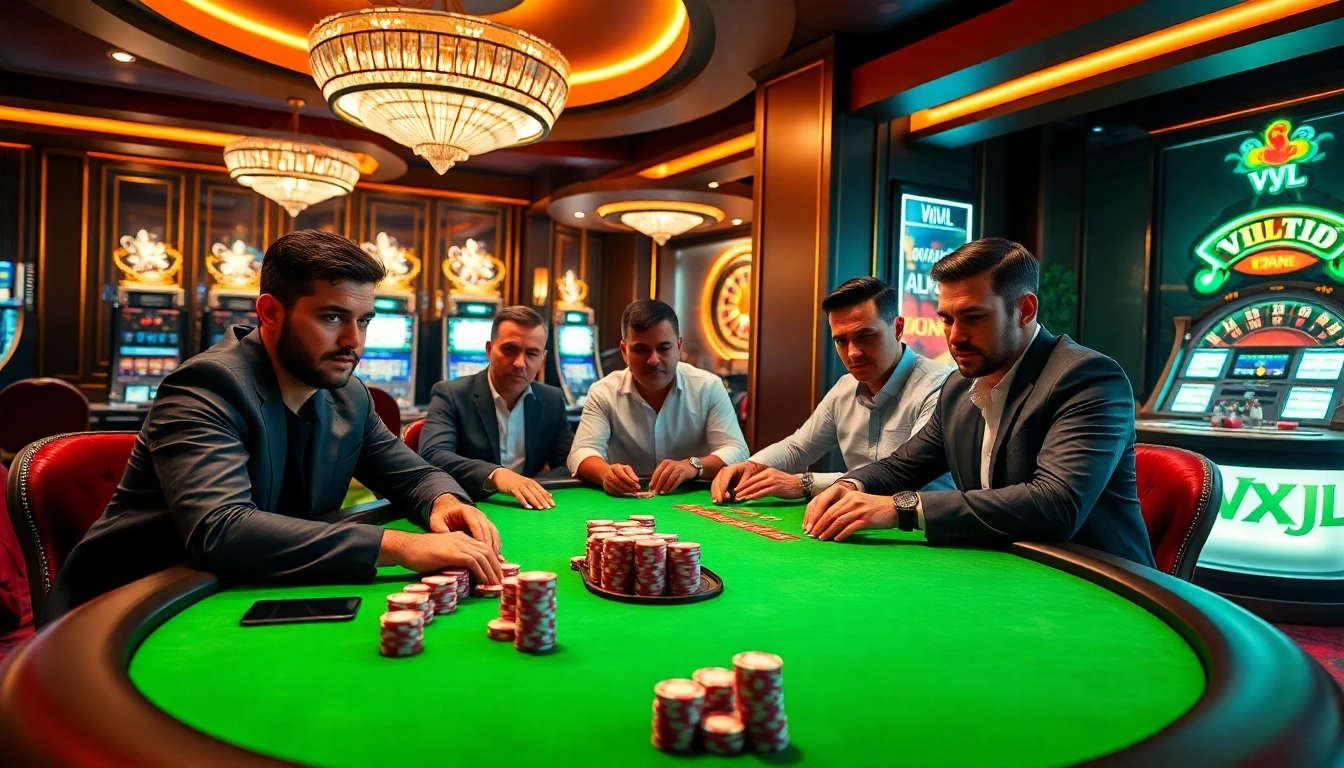 Engaging poker game at VVJL casino with colorful chips, players, and vibrant atmosphere.