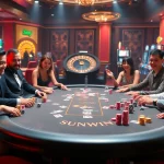 Sunwin poker table buzzing with excitement, featuring vibrant chips and players engaged in strategy.