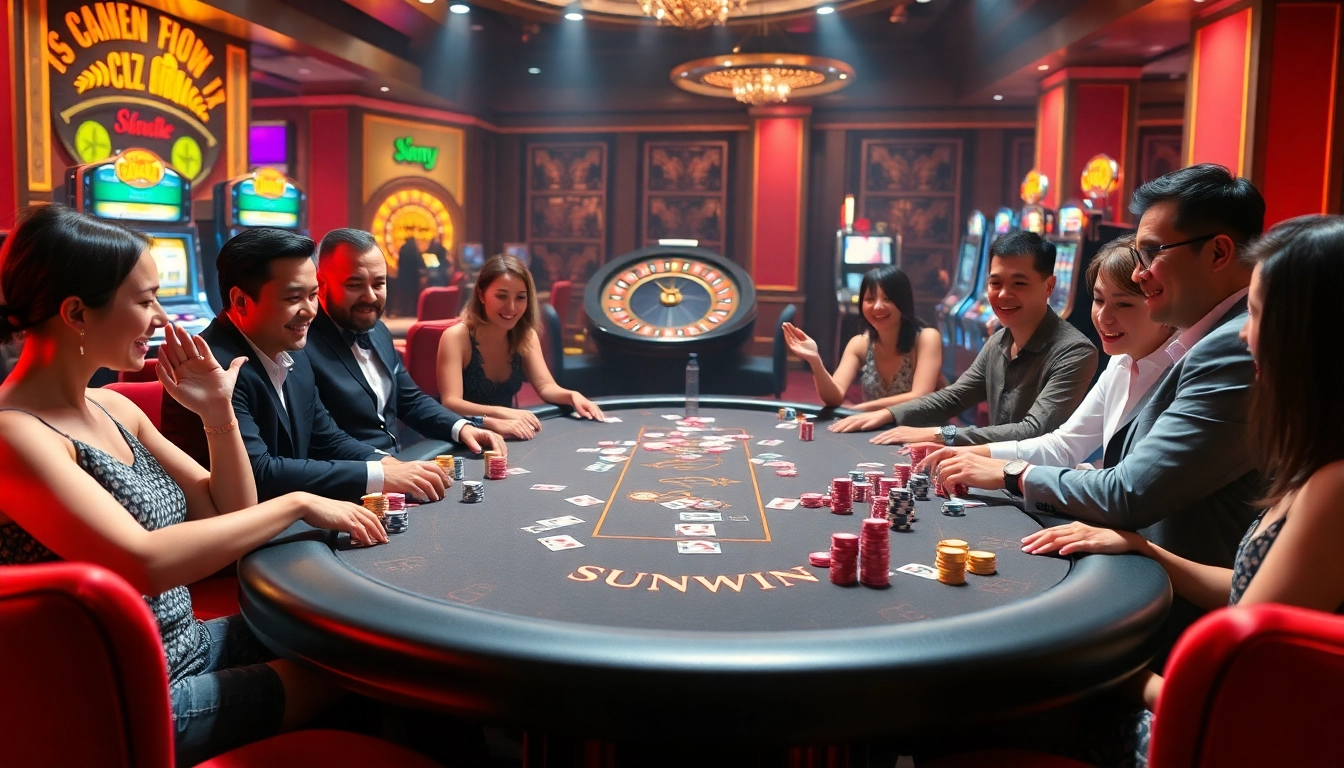 Sunwin poker table buzzing with excitement, featuring vibrant chips and players engaged in strategy.