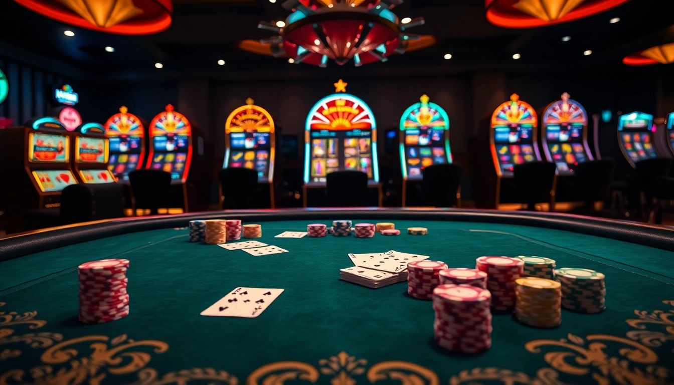 Exciting poker action at 58win casino with vibrant slot machines and colorful chips.