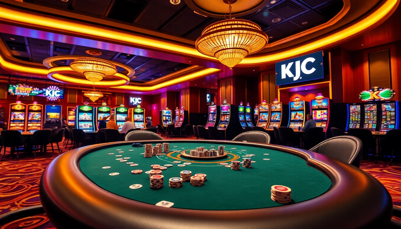 KJC branded poker table in an upscale casino, showcasing players and vibrant chips.