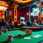 Players enjoying high-stakes poker at the 188V casino, surrounded by vibrant chips and cards.