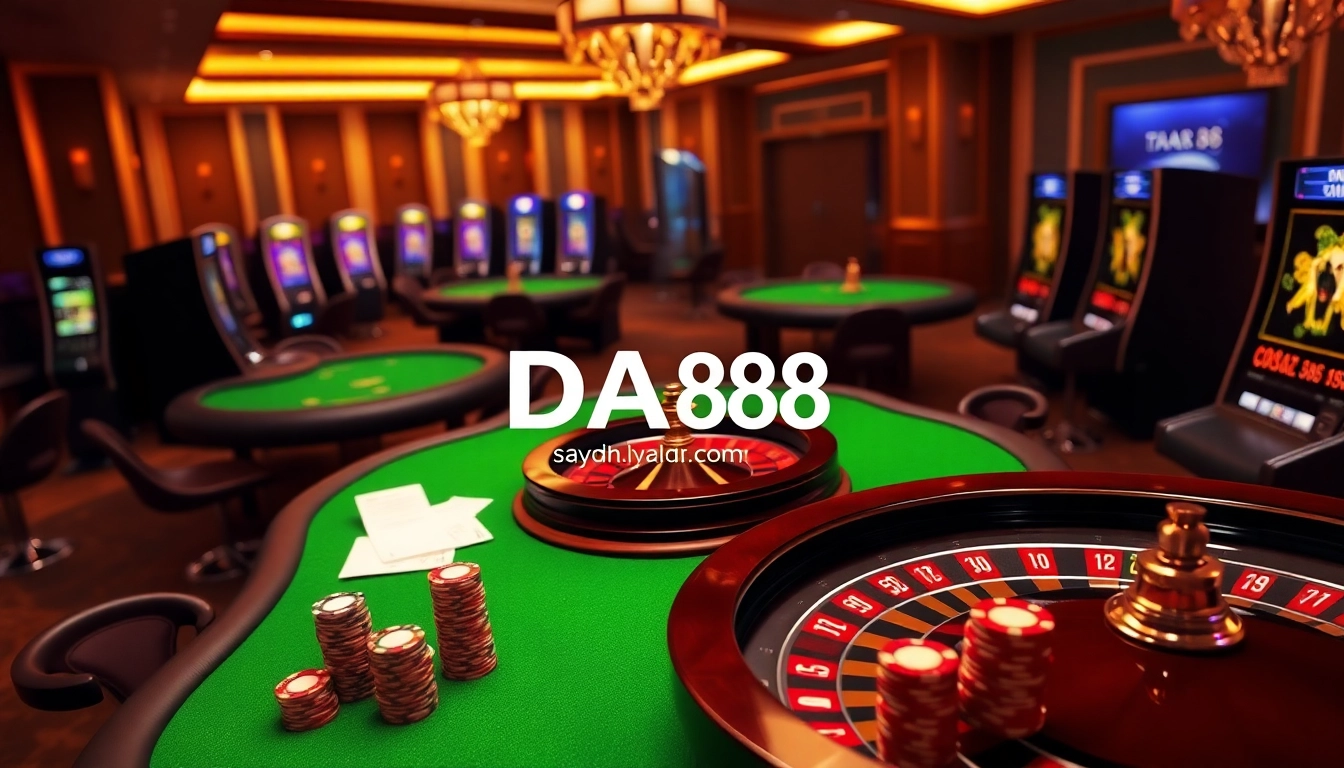 Experience the thrill of online gambling with DA88's vibrant casino atmosphere displaying rich poker tables.