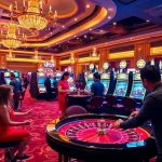 Exciting gambling scene at Jun88 with players betting at vibrant slot machines and roulette tables.