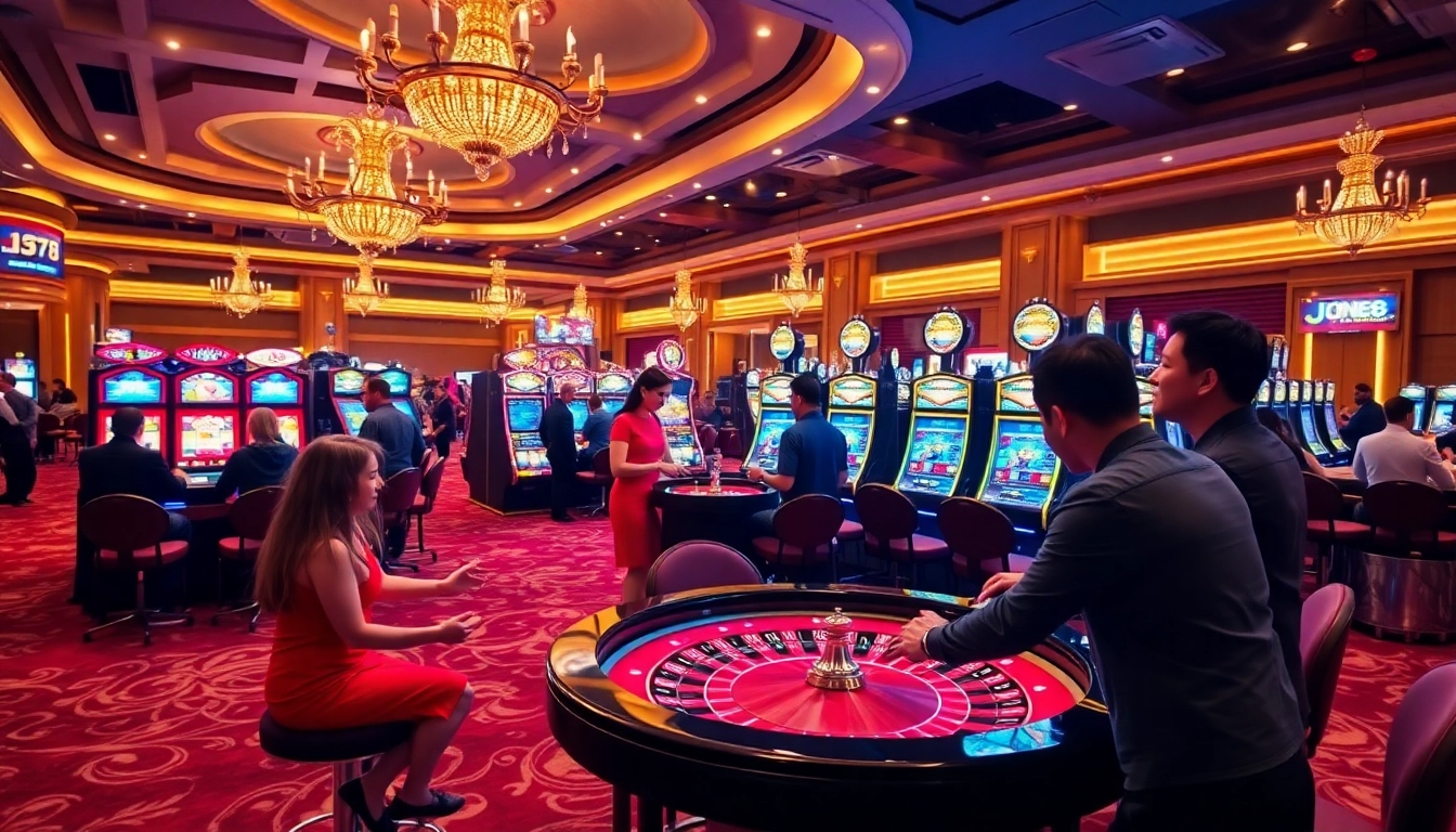 Exciting gambling scene at Jun88 with players betting at vibrant slot machines and roulette tables.