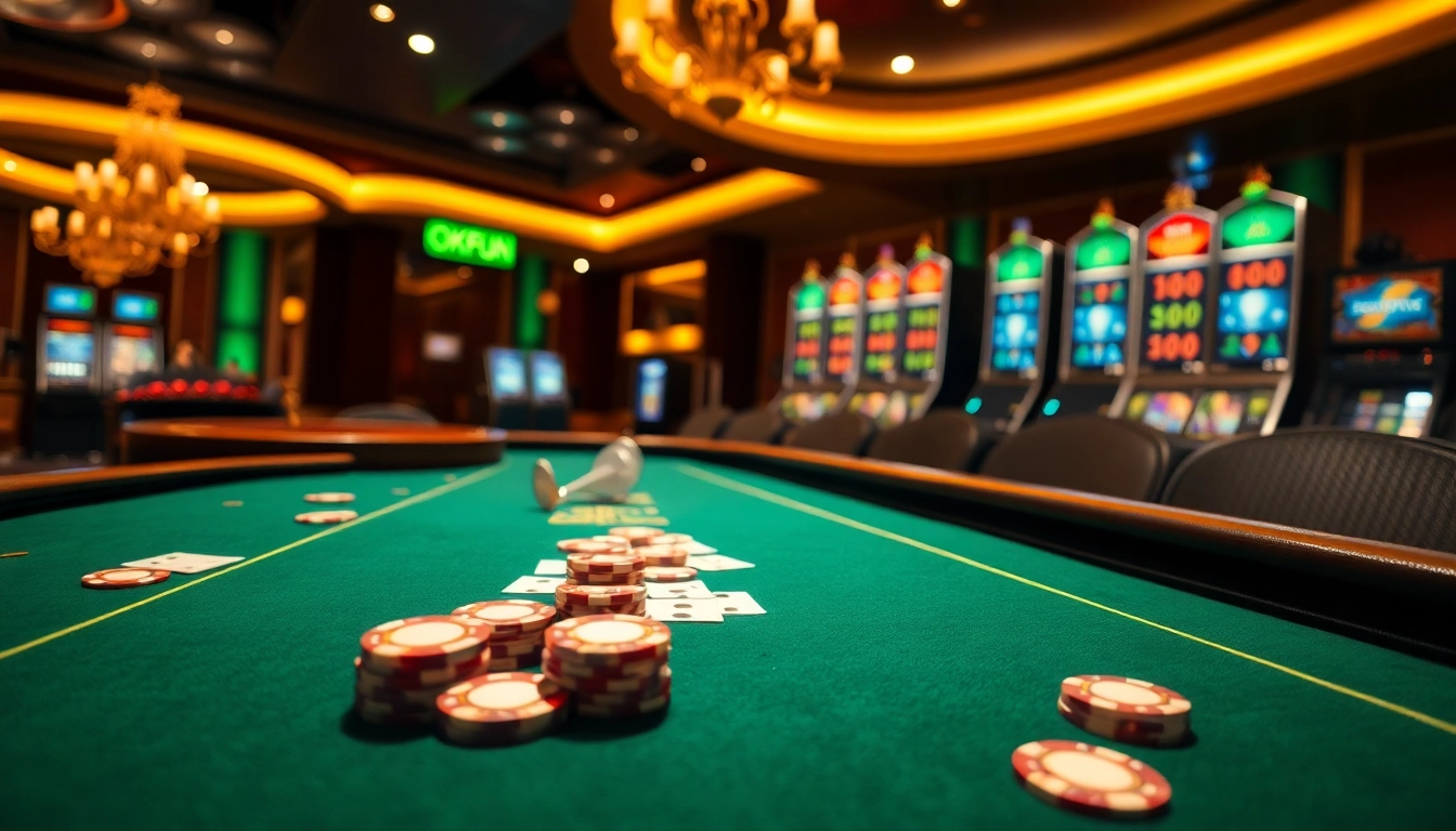 Join the excitement of đăng ký okfun with a vibrant gaming scene, showcasing poker and roulette.