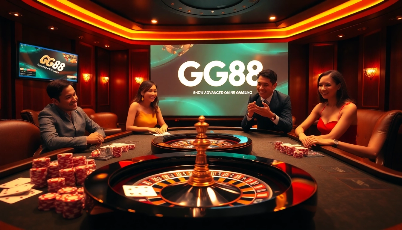 Players enjoying a thrilling game at GG88 casino table with poker chips and cards.