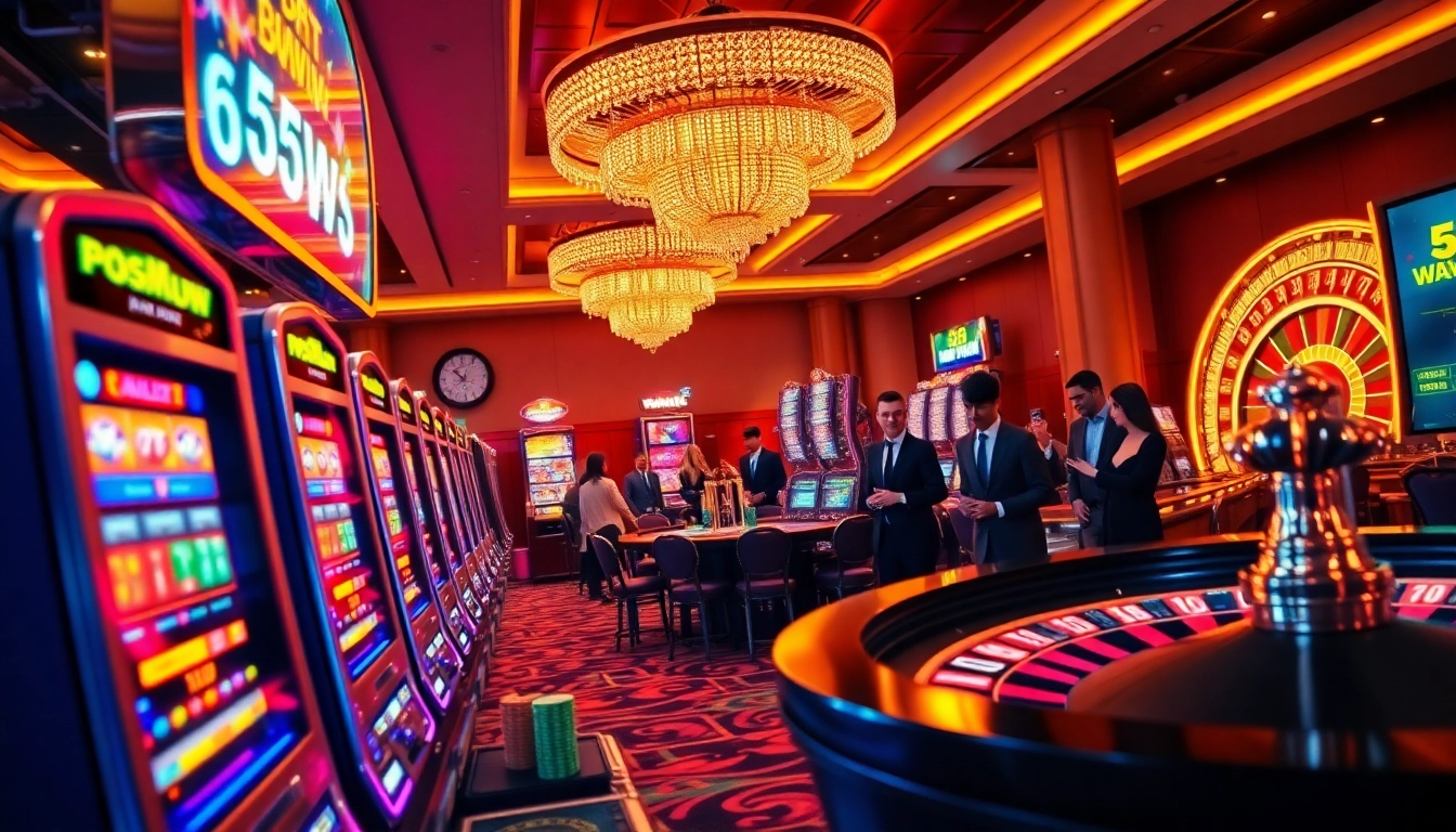 Experience the thrill of gambling at 55WW with vibrant slot machines and engaging dealers.