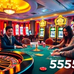 Experience the thrill of high-stakes gambling at 555win's luxurious casino, featuring poker tables and vibrant slot machines.