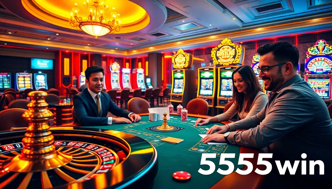 Experience the thrill of high-stakes gambling at 555win's luxurious casino, featuring poker tables and vibrant slot machines.