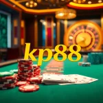 Kp88 logo shines at an upscale casino poker table with colorful chips and cards.