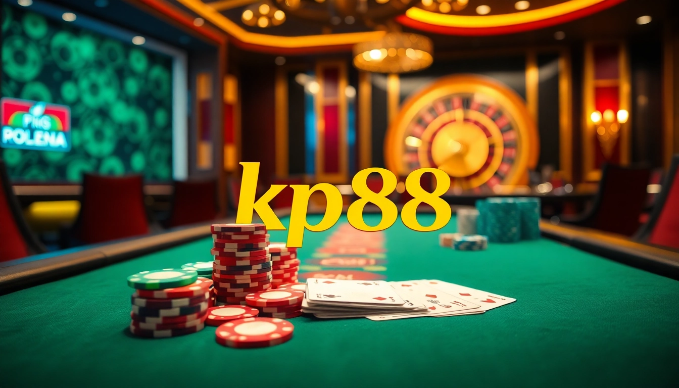 Kp88 logo shines at an upscale casino poker table with colorful chips and cards.