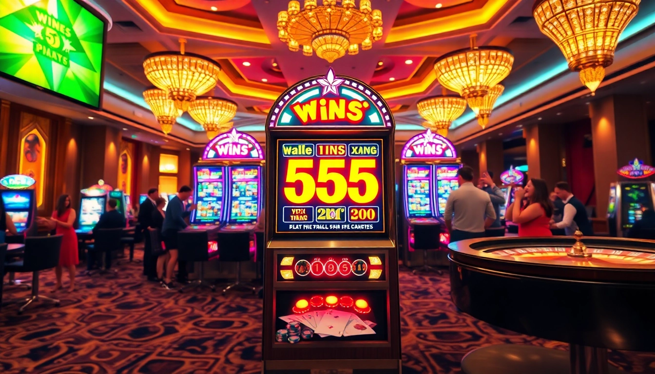 Experience the thrill of win55 at a vibrant casino with slot machines, chips, and cards.
