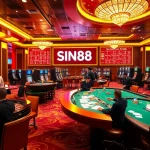 SIN88 casino table with vibrant poker chips and a roulette wheel, depicting a thrilling gambling atmosphere.