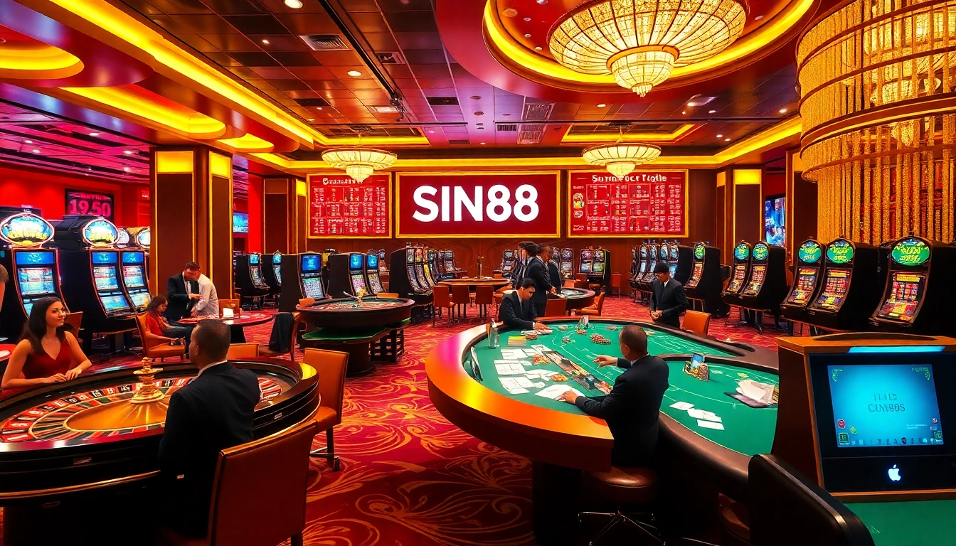 SIN88 casino table with vibrant poker chips and a roulette wheel, depicting a thrilling gambling atmosphere.