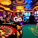 Go8 players enjoying an exciting moment at a professional poker table.