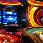 Experience the excitement at TR88 with a vibrant poker table and roulette wheel in a luxurious casino setting.
