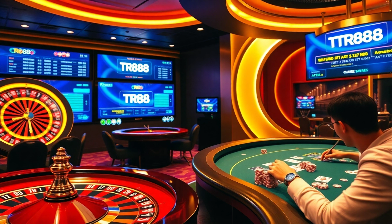 Experience the excitement at TR88 with a vibrant poker table and roulette wheel in a luxurious casino setting.