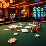 Engaging players at the 68 game bài table with poker chips and vibrant casino lights.