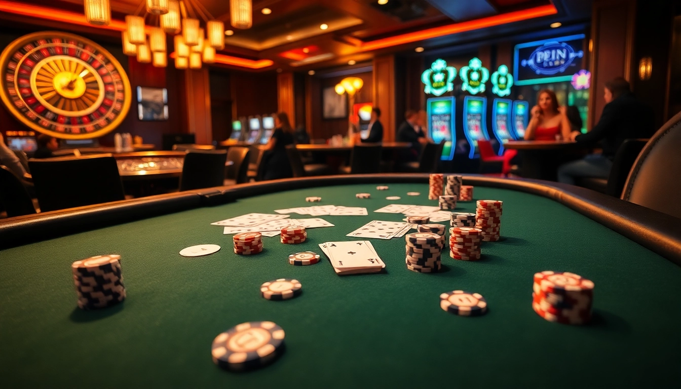 Engaging players at the 68 game bài table with poker chips and vibrant casino lights.