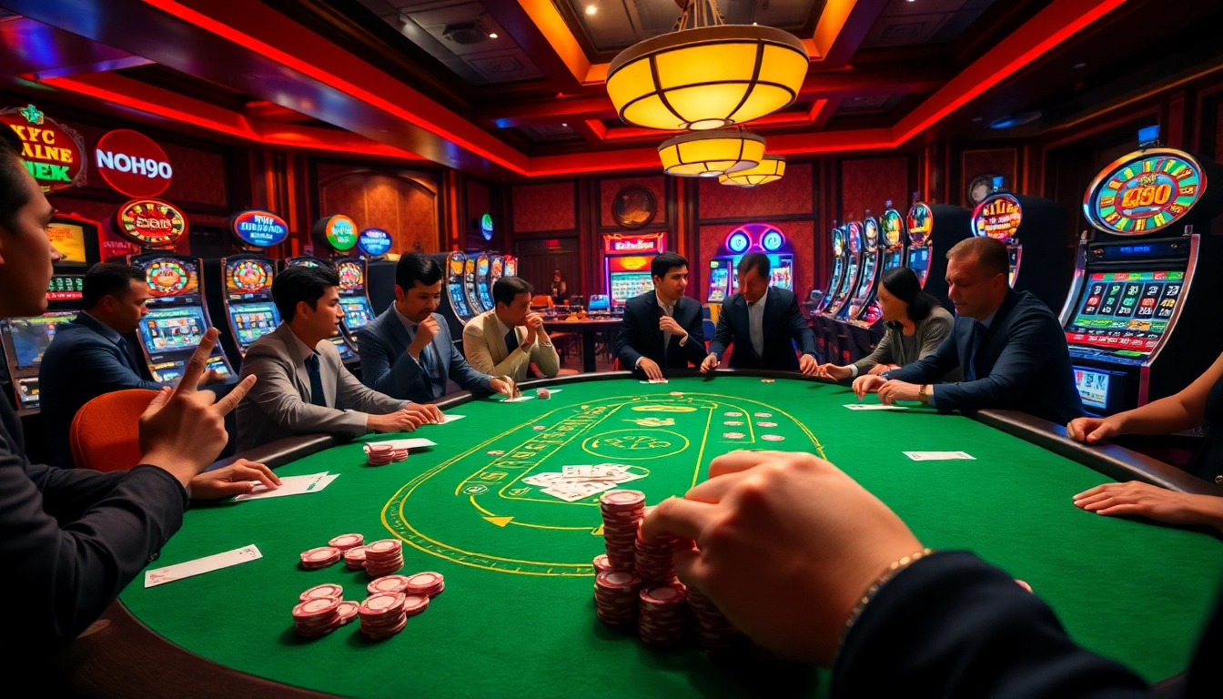 Experience the thrill of winning at NOHU90's luxurious poker table in a vibrant casino environment.