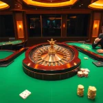 Experience the thrill of gaming at okfun with live roulette and poker tables in a luxurious casino.