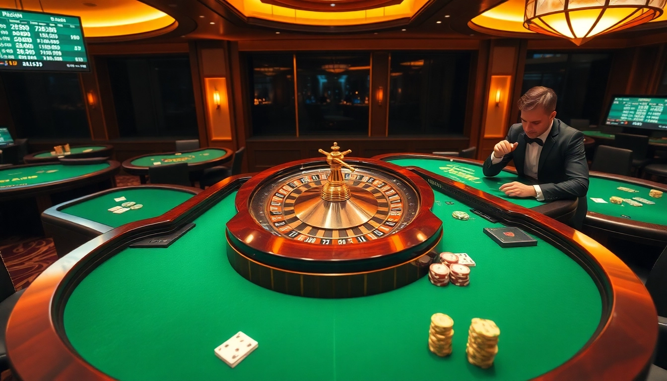 Experience the thrill of gaming at okfun with live roulette and poker tables in a luxurious casino.
