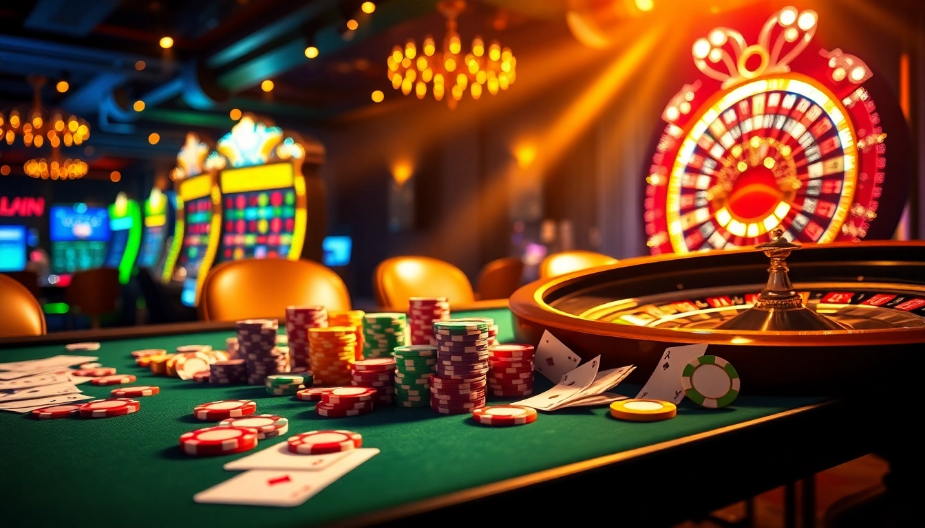 Engage in exciting gameplay at OK9 casino with vibrant poker chips and a dazzling slot machine.