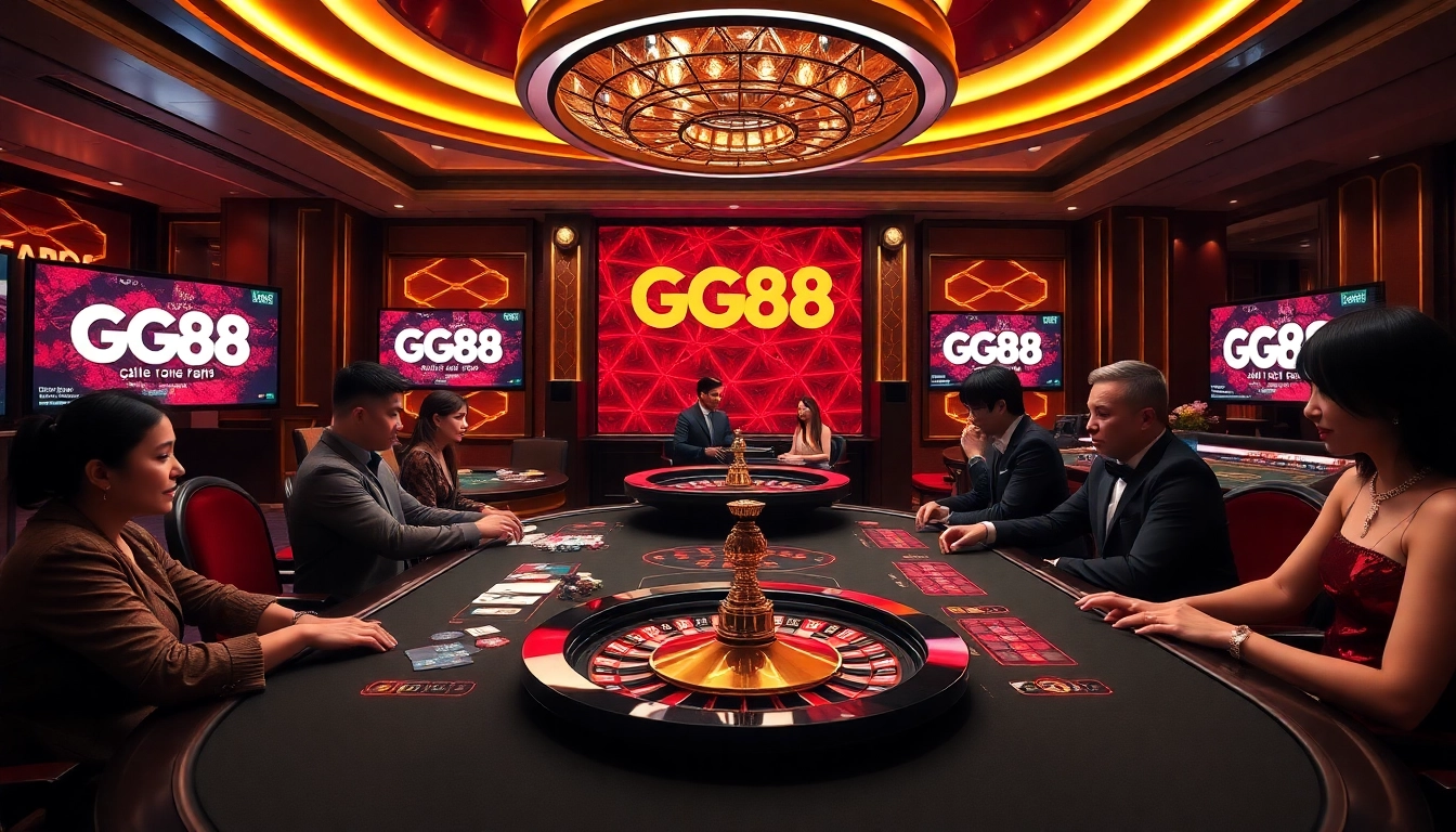 Players engaging in an exciting game at the GG88 casino table, with colorful poker chips and a vibrant atmosphere.