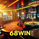 Players reveling in the excitement of 68WIN casino, celebrating a big win at the poker table.