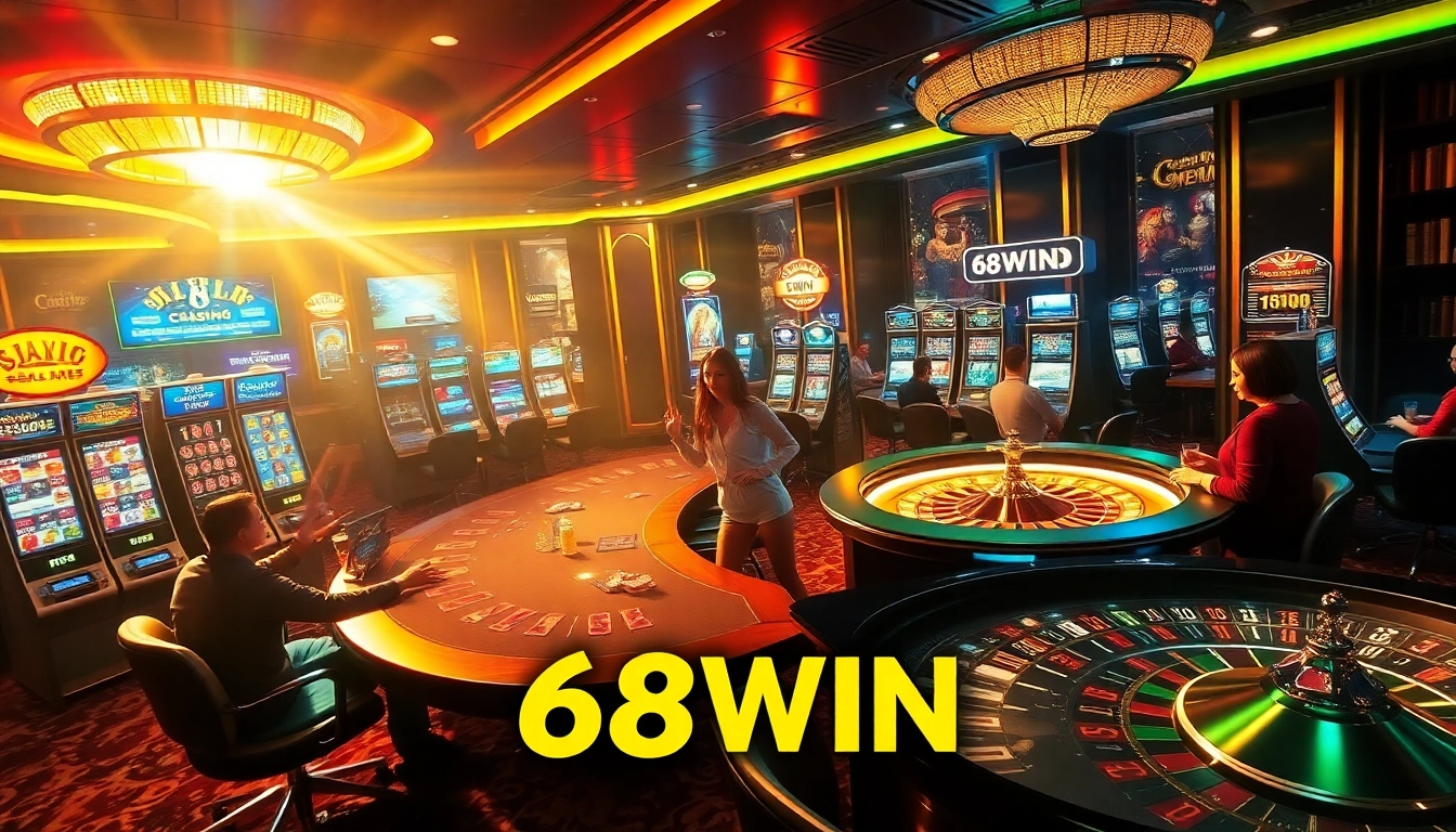 Players reveling in the excitement of 68WIN casino, celebrating a big win at the poker table.