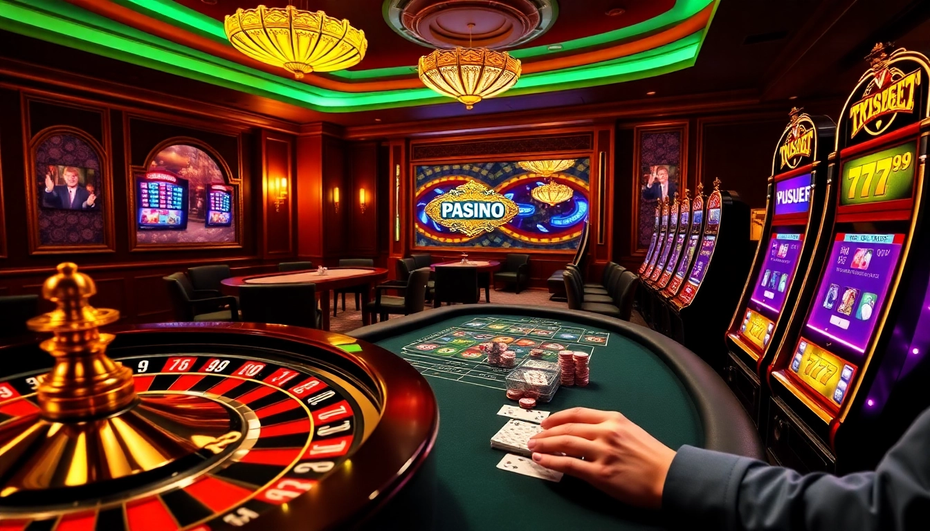 Experience the excitement of 789 bet with players at a poker table and a thrilling roulette wheel.