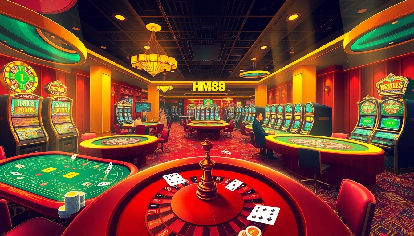 Experience the thrilling games at HM88 with players at lively casino tables filled with action.