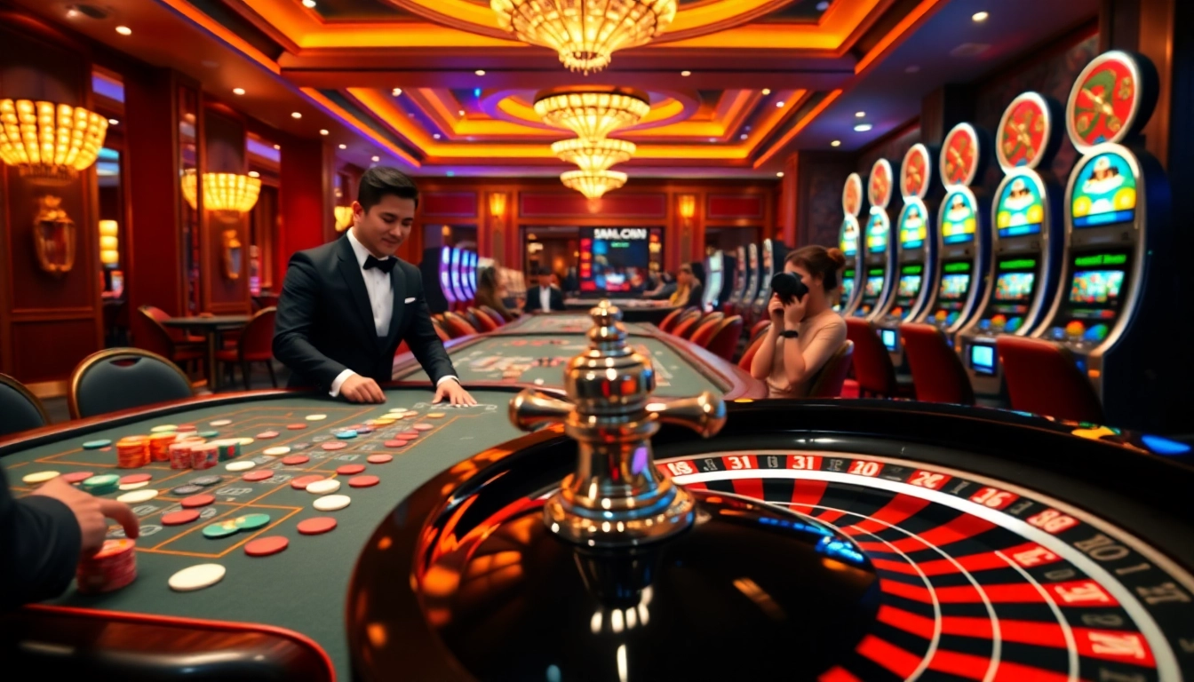 Excited players engaging in casino games, featuring C168-themed betting tables and vibrant slot machines.
