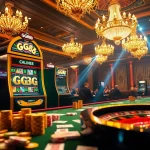 Engaging with the GG88 slot machine at a luxurious casino, surrounded by poker chips and cards.