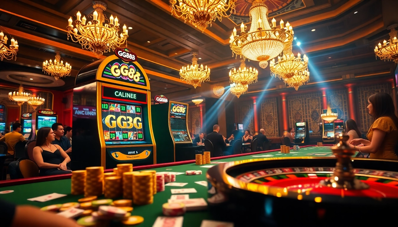 Engaging with the GG88 slot machine at a luxurious casino, surrounded by poker chips and cards.