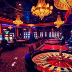 Experience thrilling gameplay at rikbet's luxurious casino with poker tables, roulette wheels, and vibrant slot machines.