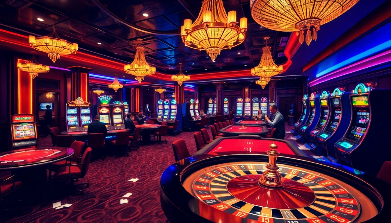 Experience thrilling gameplay at rikbet's luxurious casino with poker tables, roulette wheels, and vibrant slot machines.