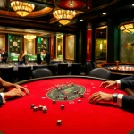 Players engage at a stylish poker table at tr88 casino, capturing the thrill of high-stakes gambling.