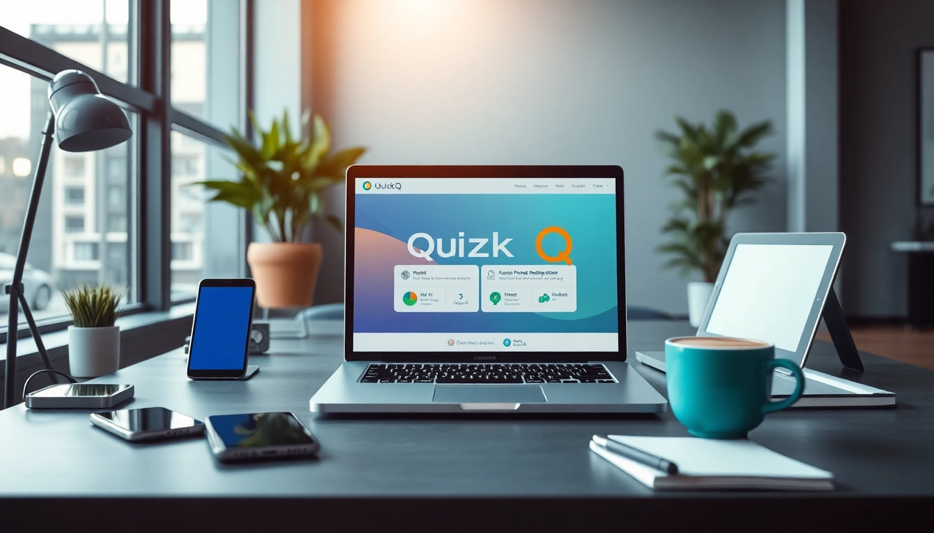 在现代化工作空间中探索 QuickQ官网界面，展示高科技设备与生产力。