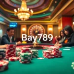 Players engage excitedly at a luxurious poker table, embodying the thrill of Bay789's casino experience.