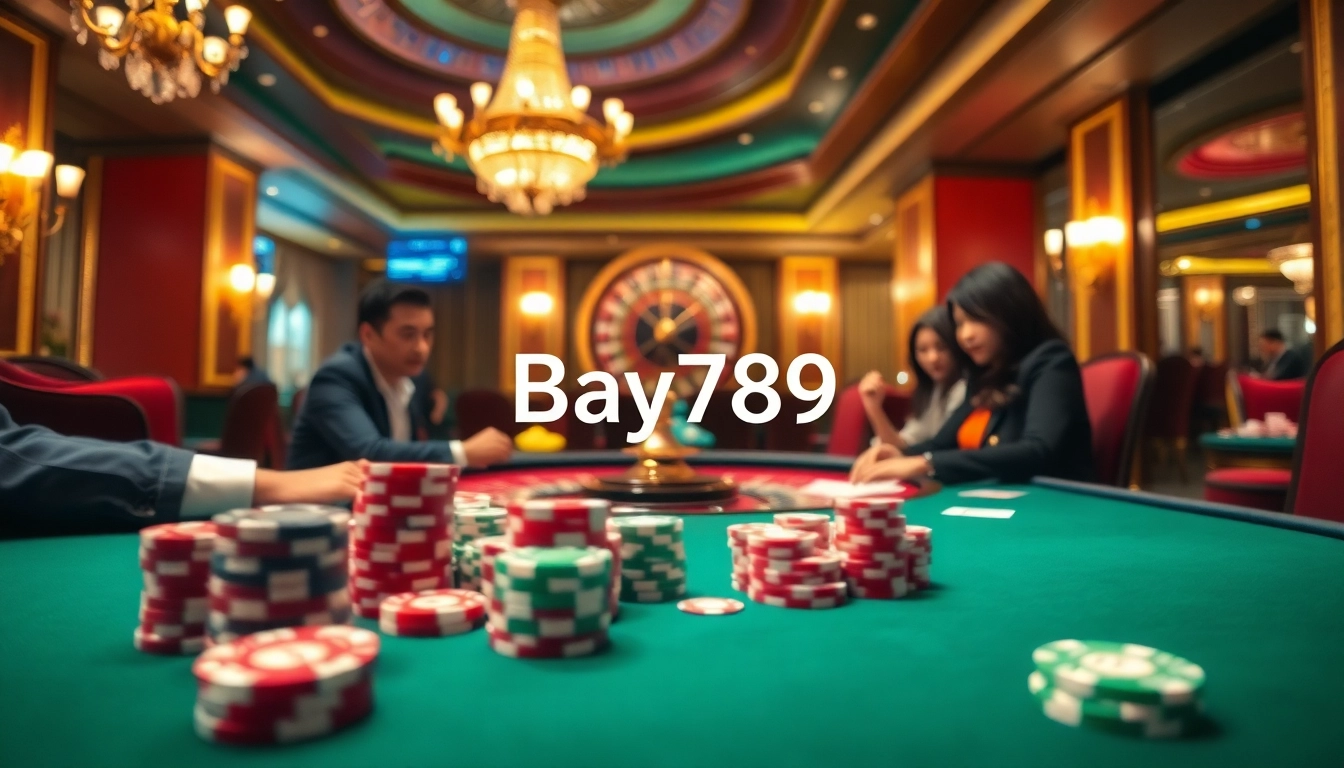 Players engage excitedly at a luxurious poker table, embodying the thrill of Bay789's casino experience.