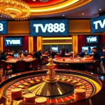 TV88 branding illuminated in a luxurious casino setting with roulette wheel and poker chips.